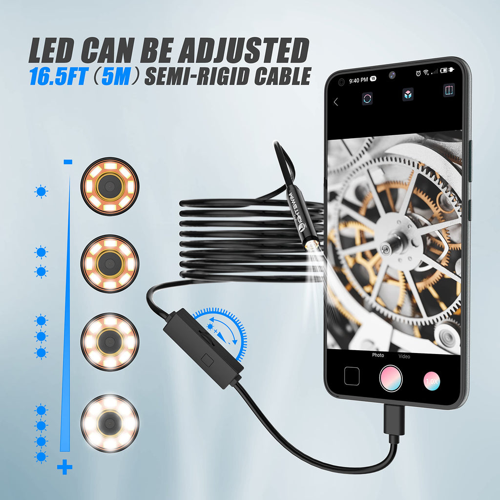 1920P Endoscope Snake Inspection Camera, Lightswim Type C Borescope, Scope Camera with 8 LED Lights for Android and iOS Smartphone, iPhone, iPad, Samsung (16.5 FT/5M)