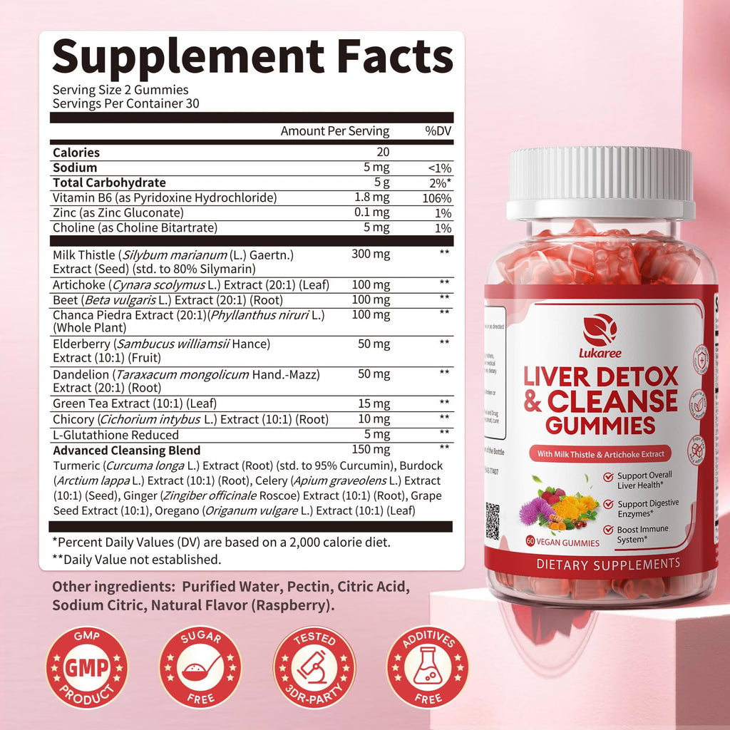 2 Pack Lukaree Liver Cleanse Detox & Repair Gummies | Sugar-Free Milk Thistle Supplement w/Artichok & L-Glutathione - Ultra-Concentrated Herbal Liver Support for Men & Women -Vegan,60 Count