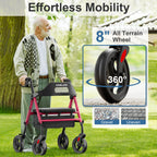 HOMLAND Foldable Rollator Walkers with Seat for Seniors, 8'' Big Wheels, 350 lb. Weight Capacity, Adjustable Handles and Seat Height, Lightweight Rolling Walker, Red