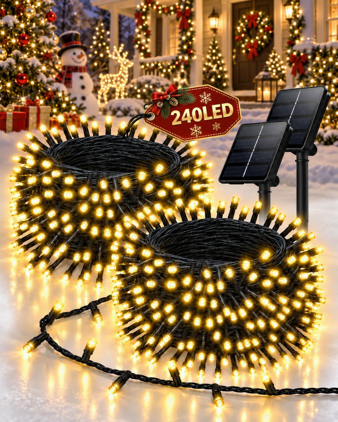 OZS 2 Pack 240 LED Solar String Lights Outdoor Waterproof, Warm White