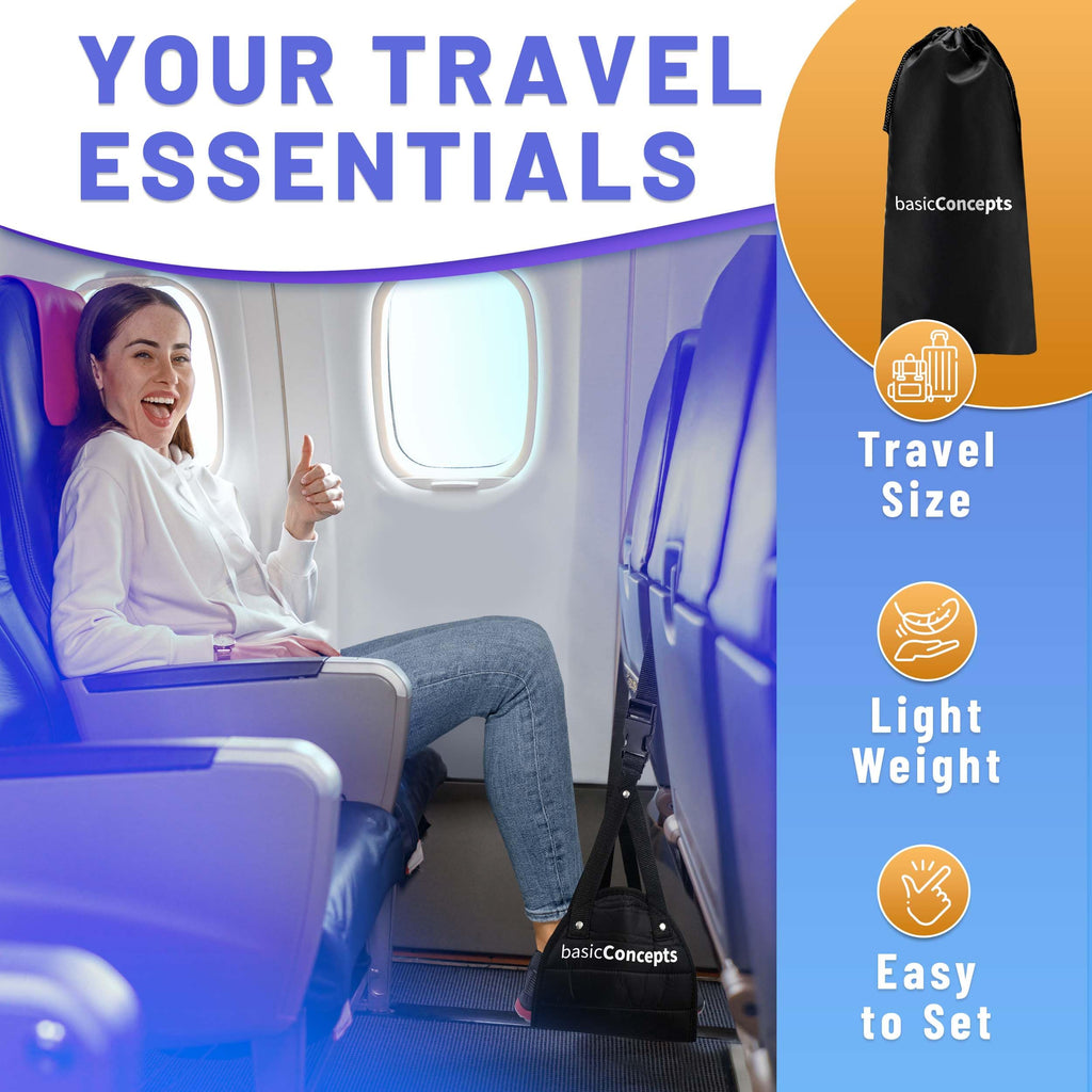 BASIC CONCEPTS Airplane Adjustable Foot Hammock (2 Pack), Perfect or Office Footrest to Relax Your Feet (Memory Foam) - for Travel Accessories, Desk Hammock, Comfy Hanger