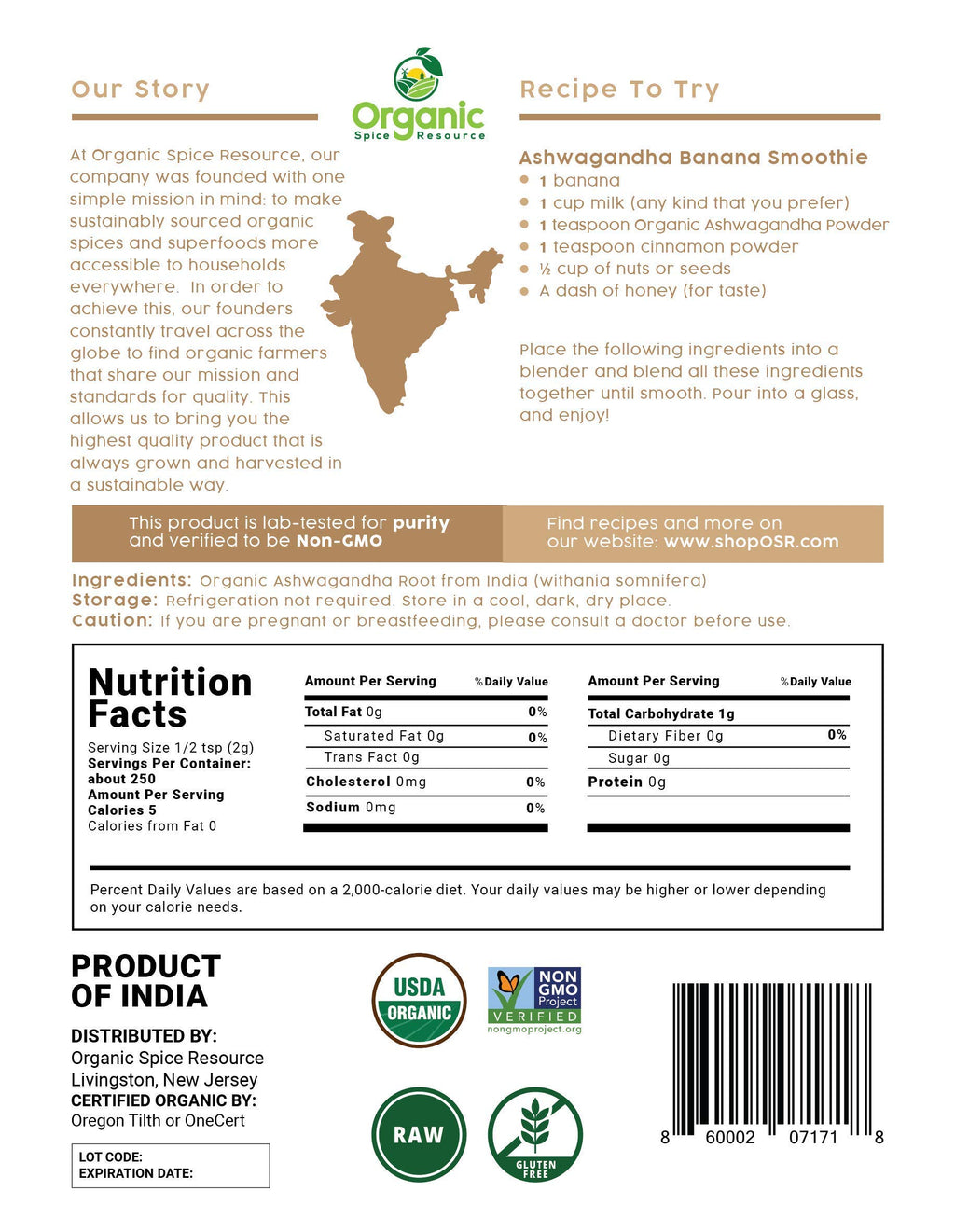 Organic Ashwagandha Root Powder - 1.10 lbs (17.64 oz) | Resealable Kraft Bag,Non-GMO, Indian Ginseng, Withania Somnifera -100% Raw from India, by SHOPOSR
