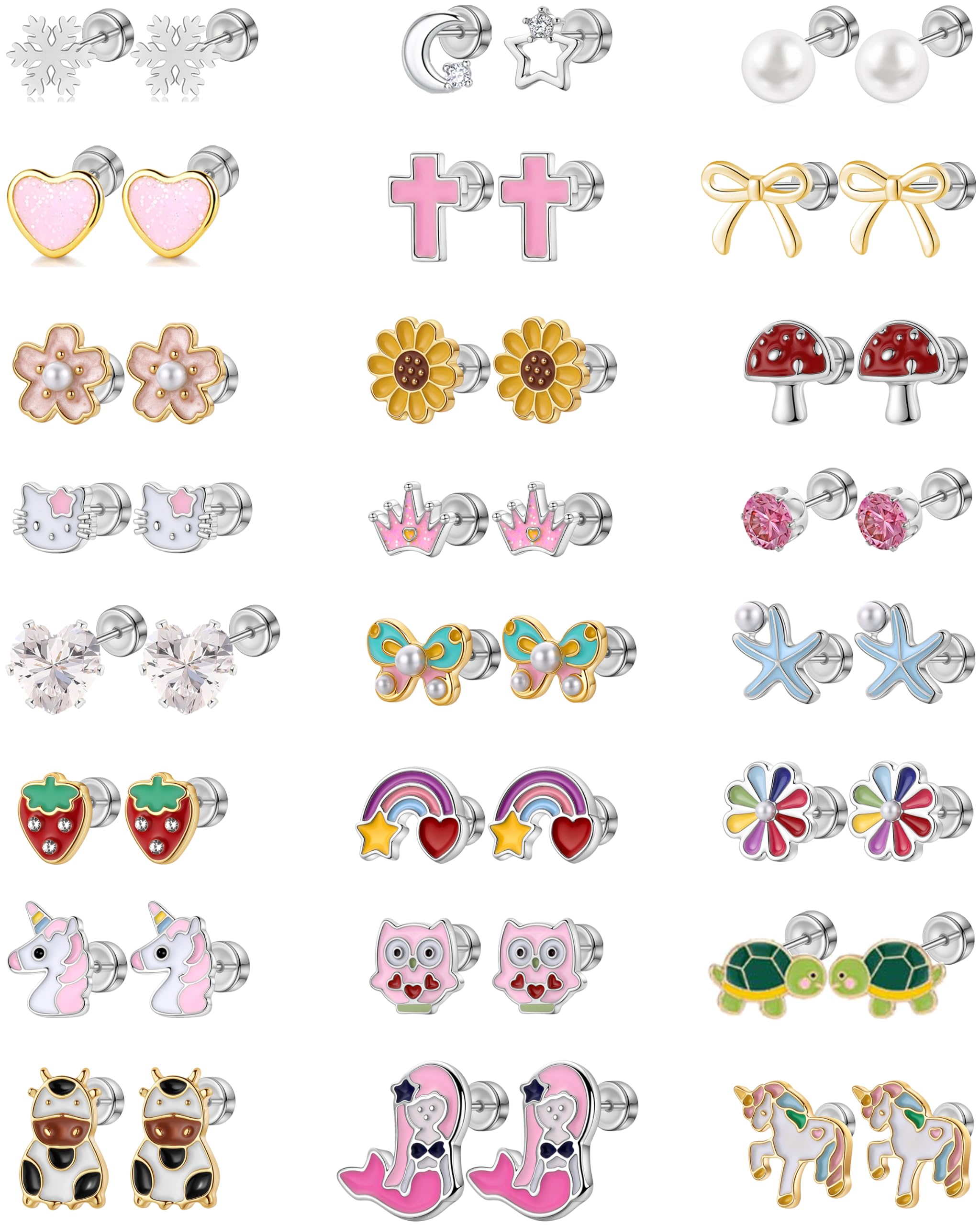 24 Pairs Hypoallergenic Screw Back Earrings for Girls Kids Women