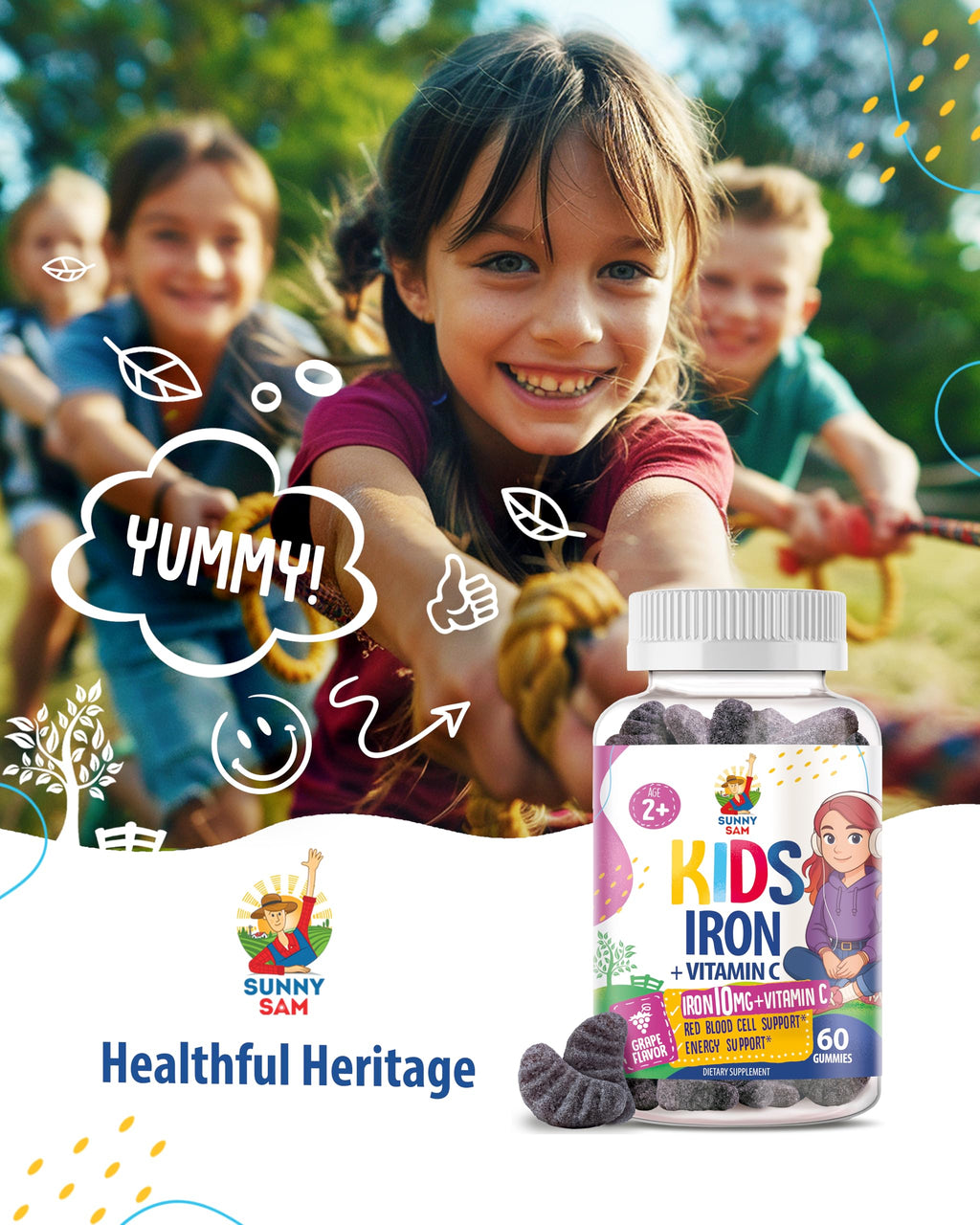 SUNNY SAM Iron Gummies for Kids & Teens - 10mg Iron Vitamins with Vitamin C - Low-Sugar Chewable Gummy Supplement for Immune Support, Supports Red Blood Cell Production for Children & Teen Girls