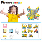PicassoTiles Magnetic Tile Construction Set with 8 Vehicle Figures and 18 Printed Panels STEM Educational Building Kit for Kids Age 3 Plus Creative Play Learning Blocks Motor Skills Development PTQ21