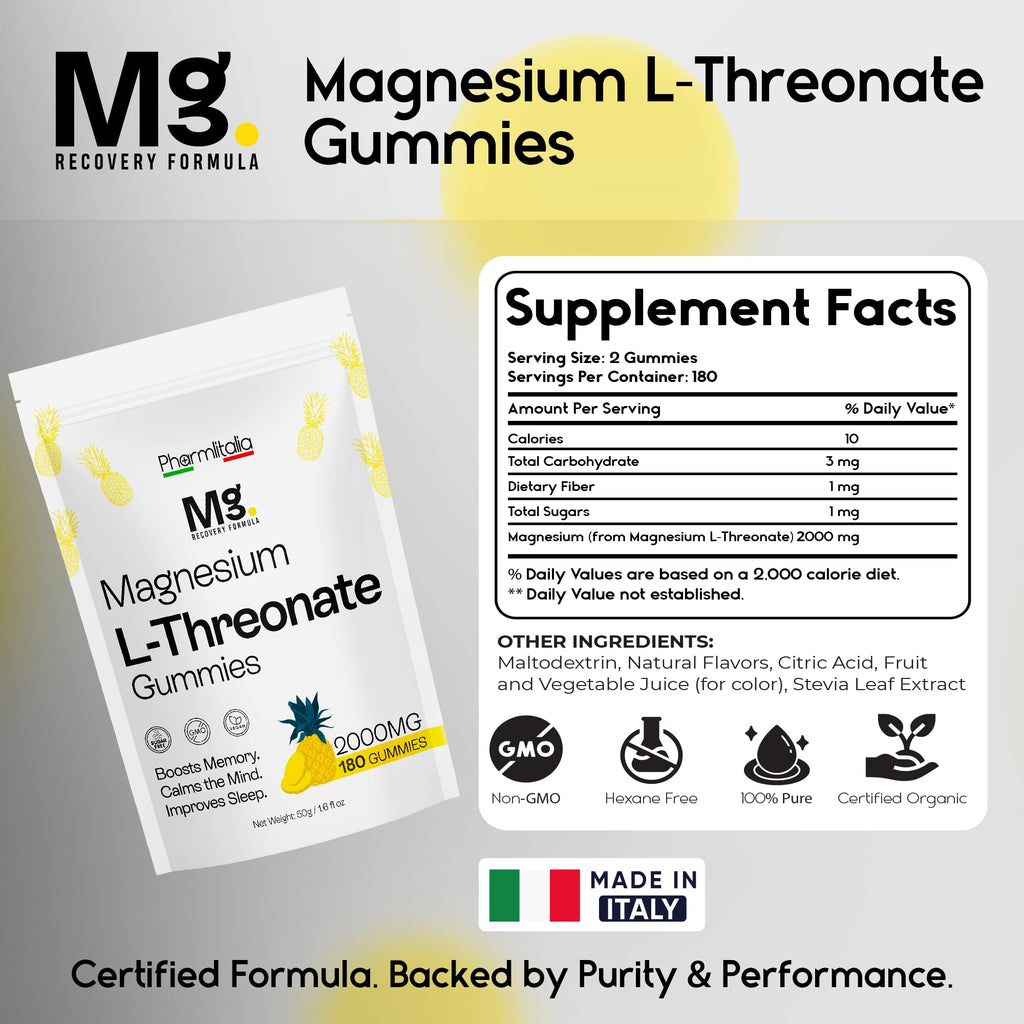 Magnesium L-Threonate Gummies for Adults & Kids 2000mg – Brain Supplements for Memory and Focus - 180 Count (Pack of 1)