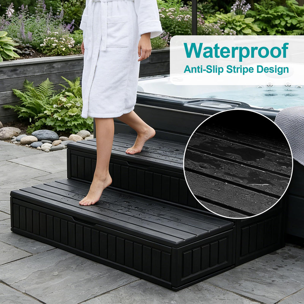 ROMIVO Hot Tub Steps with Storage Extra Wide, 2-Step Spa Stairs - Non-Slip Heavy Duty 500 lbs, Easy Assembly, Slip-Resistant, Universal for Hot Tub, RV, Camper, Pool Deck & Bath - Fits Any Size, Black
