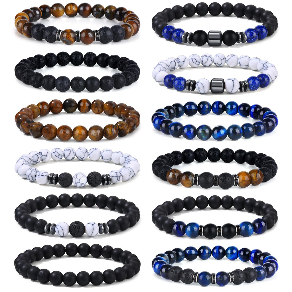 Giovanchi 12PCS Bracelets for Men 8MM Lava Rock Black Obsidian Howlite Tiger Eye Beaded Natural Stone Bracelet Jewelry Gifts for Birthday Christmas