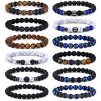 Giovanchi 12PCS Bracelets for Men 8MM Lava Rock Black Obsidian Howlite Tiger Eye Beaded Natural Stone Bracelet Jewelry Gifts for Birthday Christmas