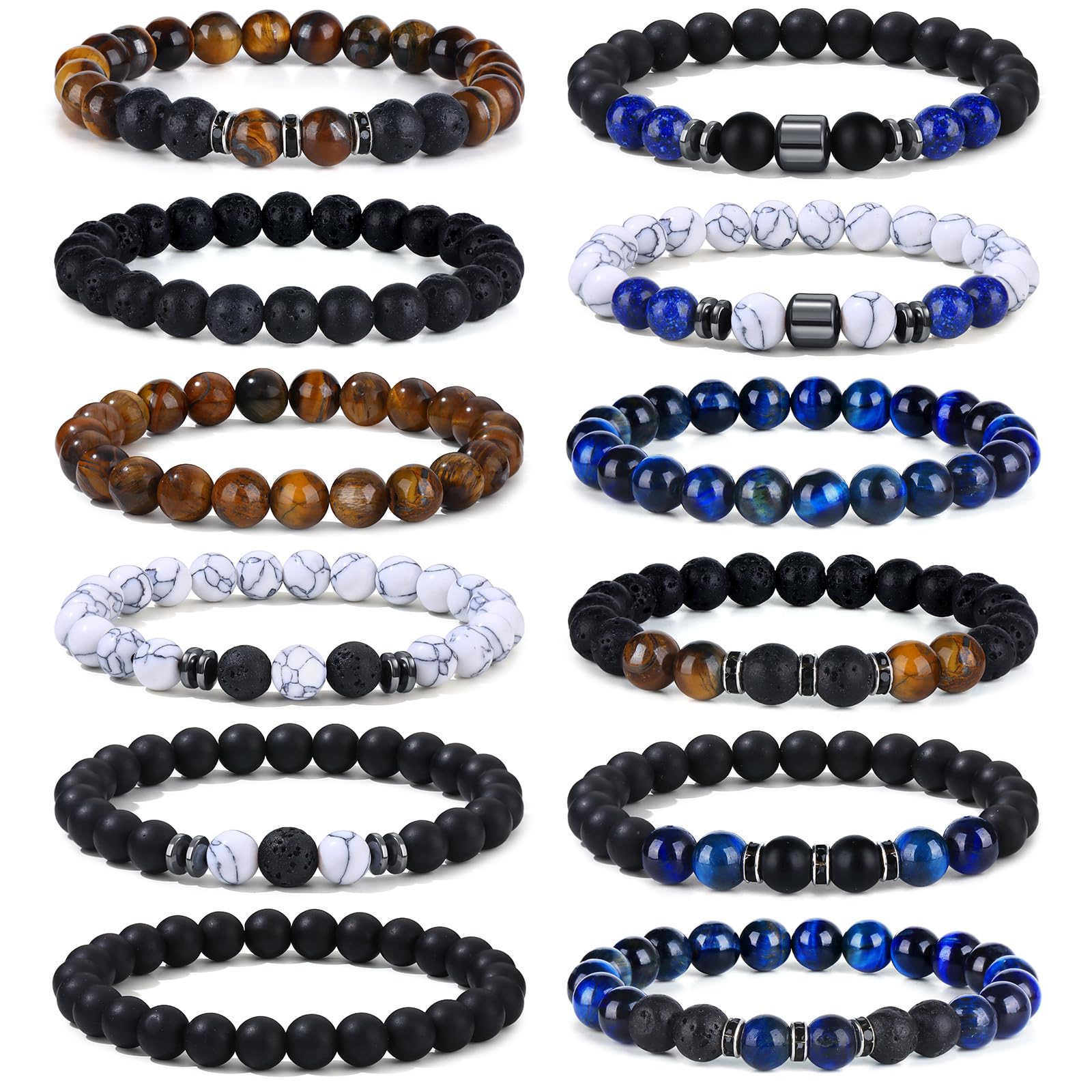 Giovanchi 12PCS Bracelets for Men 8MM Lava Rock Black Obsidian Howlite Tiger Eye Beaded Natural Stone Bracelet Jewelry Gifts for Birthday Christmas