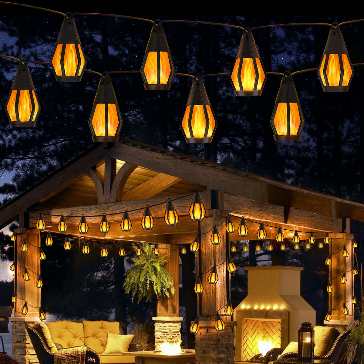 Solar String Lights for Outside, 33Ft Solar Patio Light with 15 Flickering