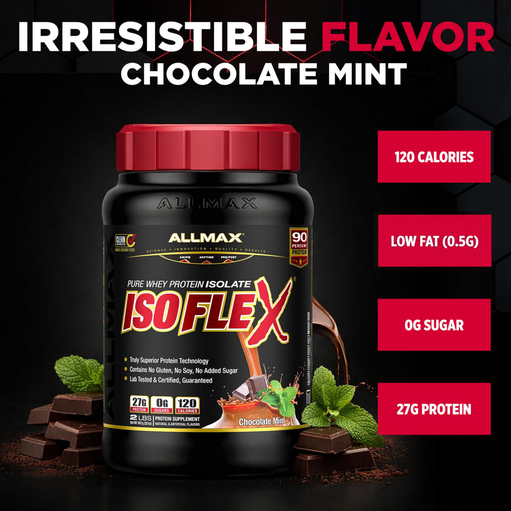 ALLMAX ISOFLEX Pure Whey Isolate Protein Powder - Gluten Free, Low Lactose, Sugar-Free - High-Protein, Clean, Keto-Friendly for Pre Post Workout Supplement for Women and Men | Chocolate Mint, 2lb