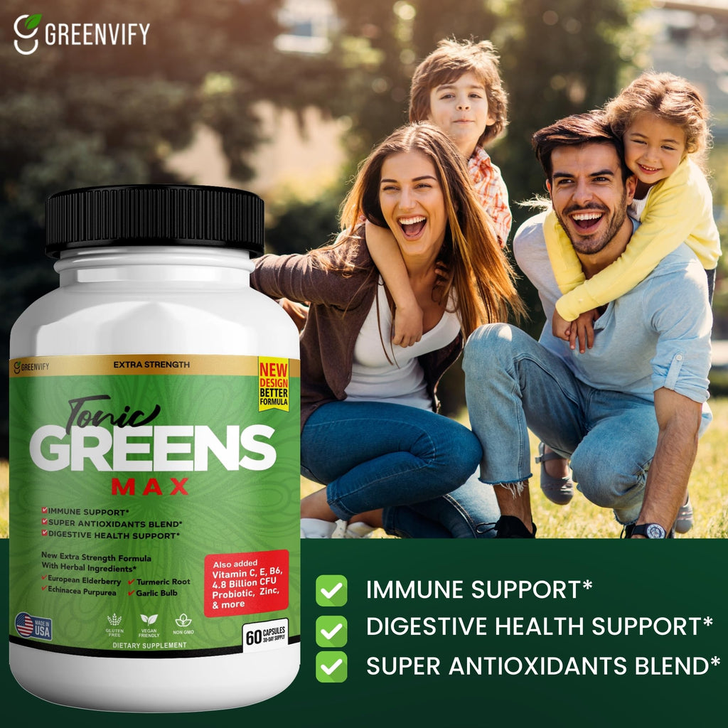 Tonic Greens Max, Extra Strength Immune Support Supplement, 60 Capsules, with Elderberry, Turmeric, Probiotics (10)