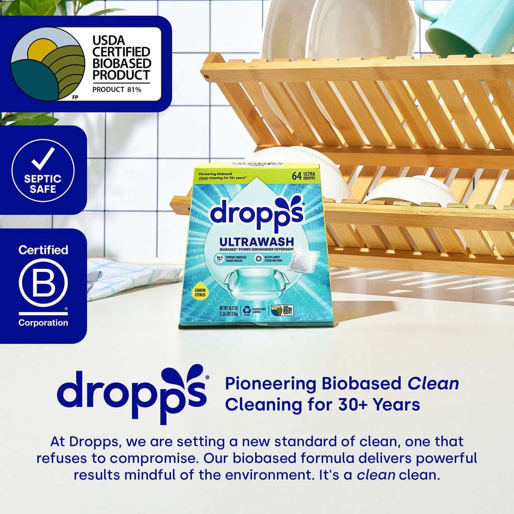 Dropps UltraWash Dishwasher Detergent Pods, Lemon Citrus (120 Ct) - Cuts Grease & Stuck-On Food | Sparkling Dishes & Glasses | Residue-Free | Clean Ingredients | No Pre-Rinse | Plastic Free Packaging