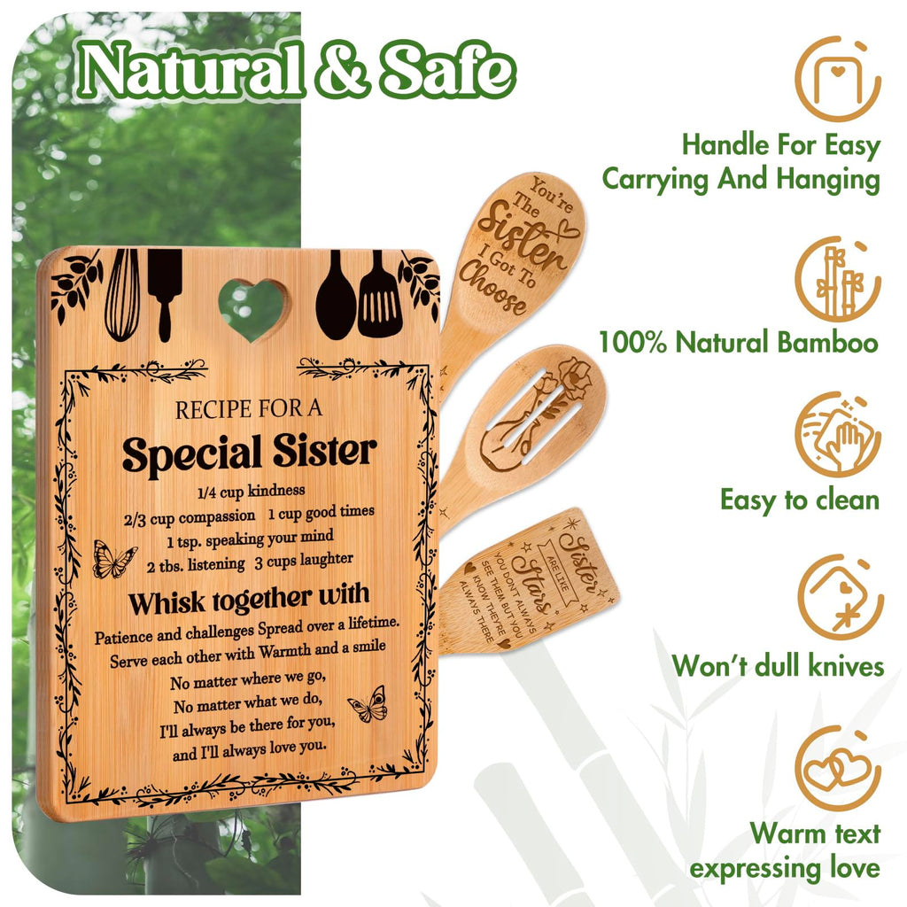 Sister Birthday Gifts from Sister - "Recipe for a Special Sister" Sister Birthday Gifts Cutting Board Set, Bamboo-Made Engraved Utensil Set Christmas/Birthday Day Gifts for Sister Adult