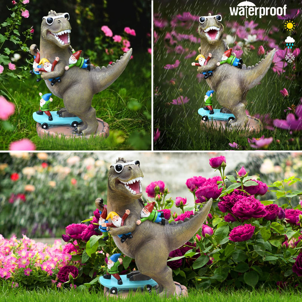 ACHYHAVIN Garden Statue Outdoor Decoration, Cool Dinosaur Play Skateboard with Gnomes Figurines, Indoor Outdoor Decor Art for Patio Lawn Yard, Housewarming Garden Gift…