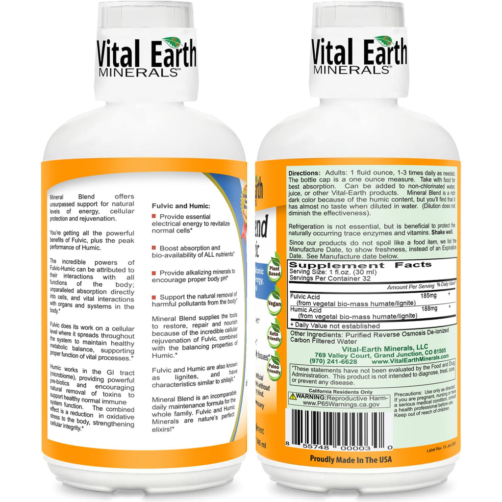 Vital Earth Minerals Fulvic Humic Mineral Blend Liquid – Fulvic Acid Supplement with 70+ Trace Minerals, Electrolytes for Recovery, Balance & Energy, 32 Oz + 1 Oz Cup
