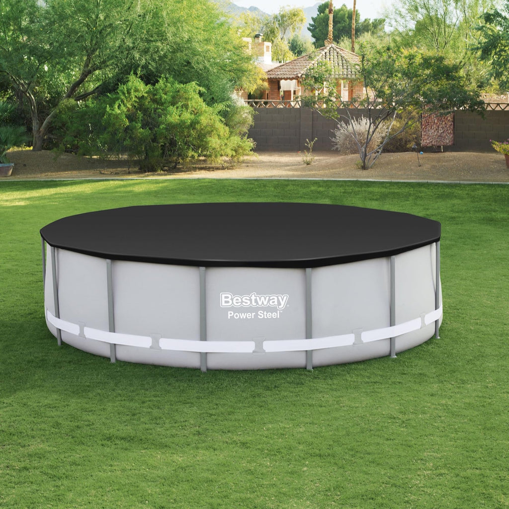 Bestway Flowclear PVC Round 14 Foot Pool Cover for Above Ground Frame Pools with Drain Holes and Secure Tie-Down Ropes, Black (Cover Only)