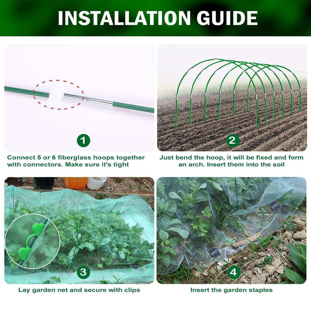 Garden Mesh Netting Kit, 10x30FT Green Ultra Fine Netting & 6 Sets 8FT Fiberglass Garden Hoops with Stake, Garden Netting with Frame for Raised Beds, Garden Hoops and Netting, Row Cover, Plant Barrier