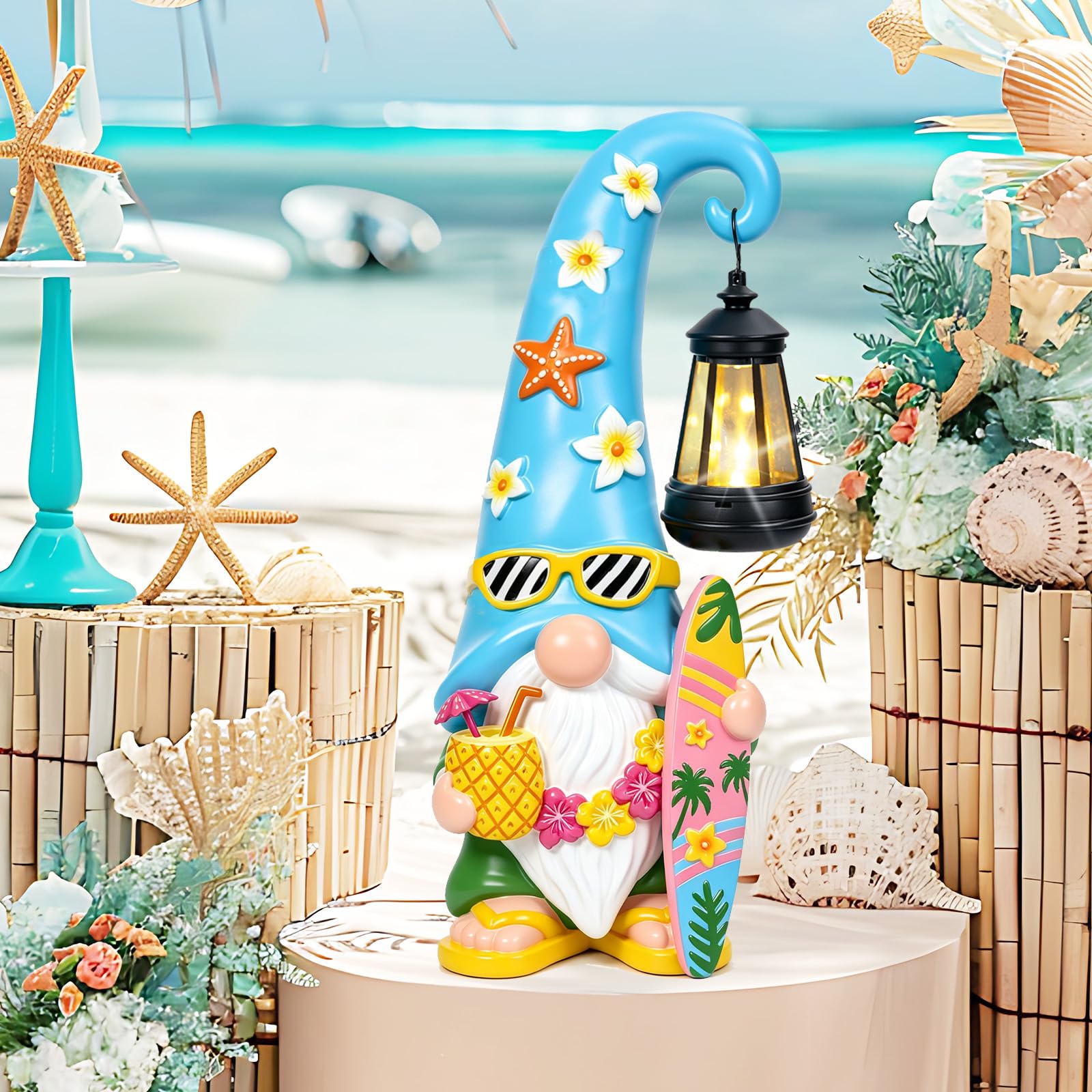 Qeinwha Summer Garden Gnome Statue with Solar Lights
