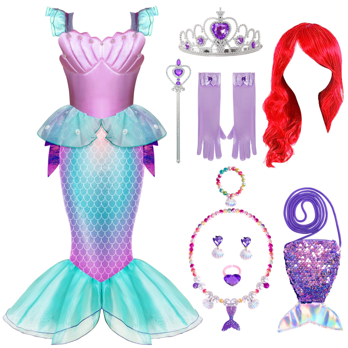 Spooktacular Creations Halloween Little Mermaid Costume with Mermaid Tail for Princess Girls 4-6 for Cosplay, Birthday Outfit