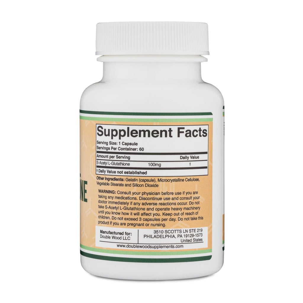 S-Acetyl L-Glutathione Capsules - 100mg, 60 Count (Acetylated Glutathione Antioxidant - More Absorbable Than Glutathione and Liposomal Glutathione, Non-GMO and Gluten Free) by Double Wood (Pack of 2)