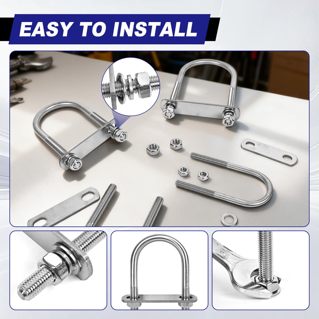 ZYUAROM 6 Sets M10 U Bolts 2 Inch Wide, 3/8" x 2"W x 4-1/2"L 304 Stainless Steel U Bolt Heavy Duty for Boat Trailer with Nuts, Bolt Plate and Washers (6, M10 x 50mm x 124mm)