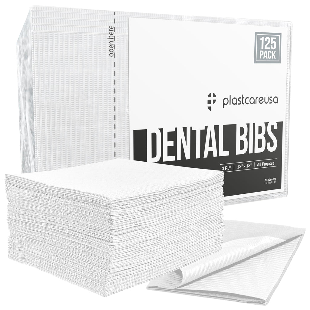 PlastCare USA Disposable Dental Bibs 13"x18" (125 Pack) - 3 Ply Waterproof Tattoo Bib Sheet for Patients - Dentist or Medical Tray Covers and Nail Table Cover Supplies, White