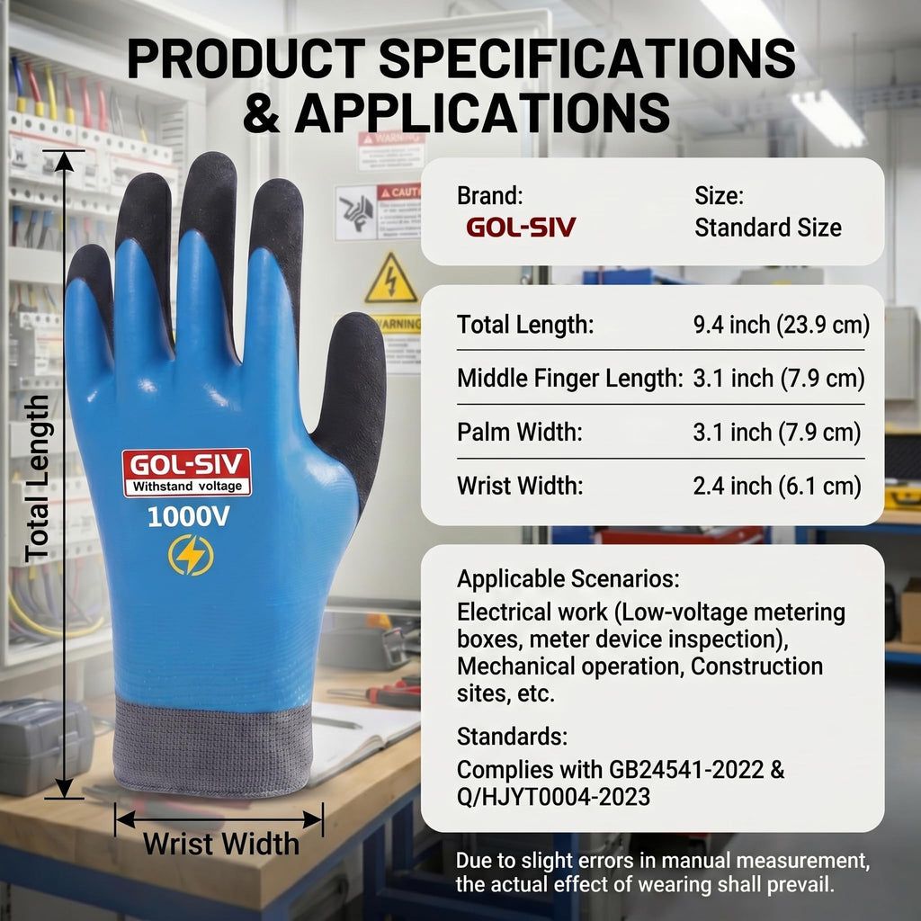 GOL-SIV Industrial Insulated Gloves 1000V Rated, Lightweight Non-Conductive Safety Gloves For Electrician, 1000V|Double Insulated, 10pcs-Large.