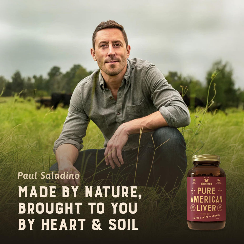 HEART & SOIL 100% Grass Fed & Finished Pure American Beef Liver Supplement from Pasture-Raised Cattle – Beef Liver Capsules – Nature’s Ultimate Superfood – Made in USA – Glass Bottle – 180 Capsules