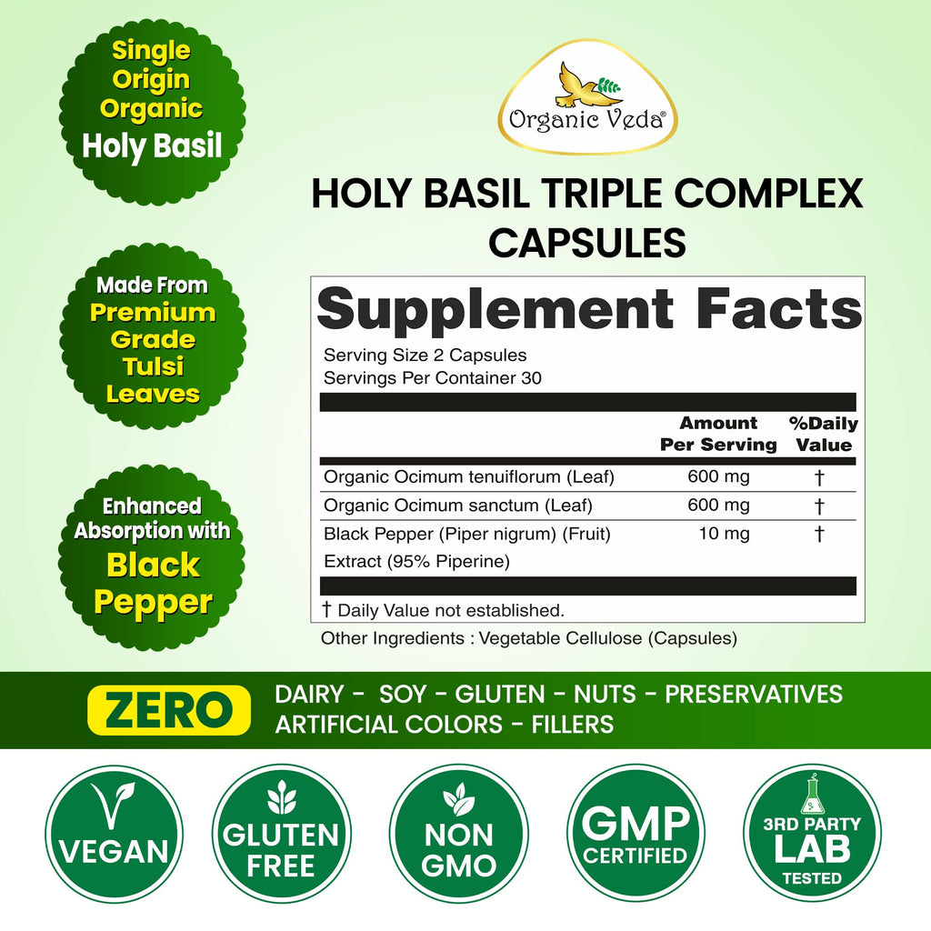 Organic Veda Holy Basil Capsules - Triple Complex Tulsi Leaf Supplement with Black Pepper Extract - Support Respiratory & Immune Health, Promotes Healthy Stress Response & Mood - 60 Vegan Capsules