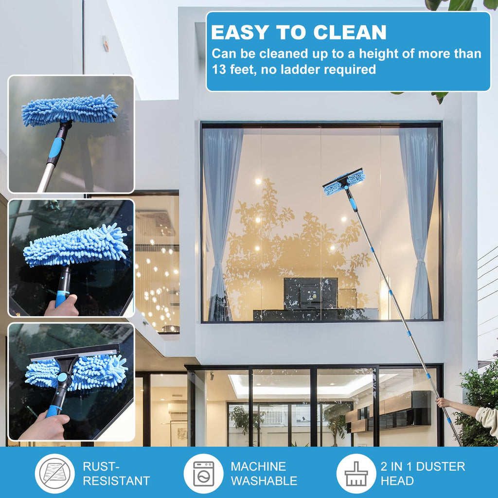 iHUFeather High Reach Duster Kit with14 ft Extension Pole High Ceiling Dusting and Window Cleaning Kit with Spliceable Pole - Cobweb Duster, Fan Blade, Window Washer & Squeegee and Feather Dusters