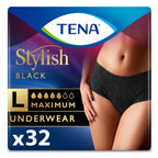 Tena Stylish Black Incontinence Underwear for Women, Maximum Absorbency, Large, 32 ct (2 Packs of 16)