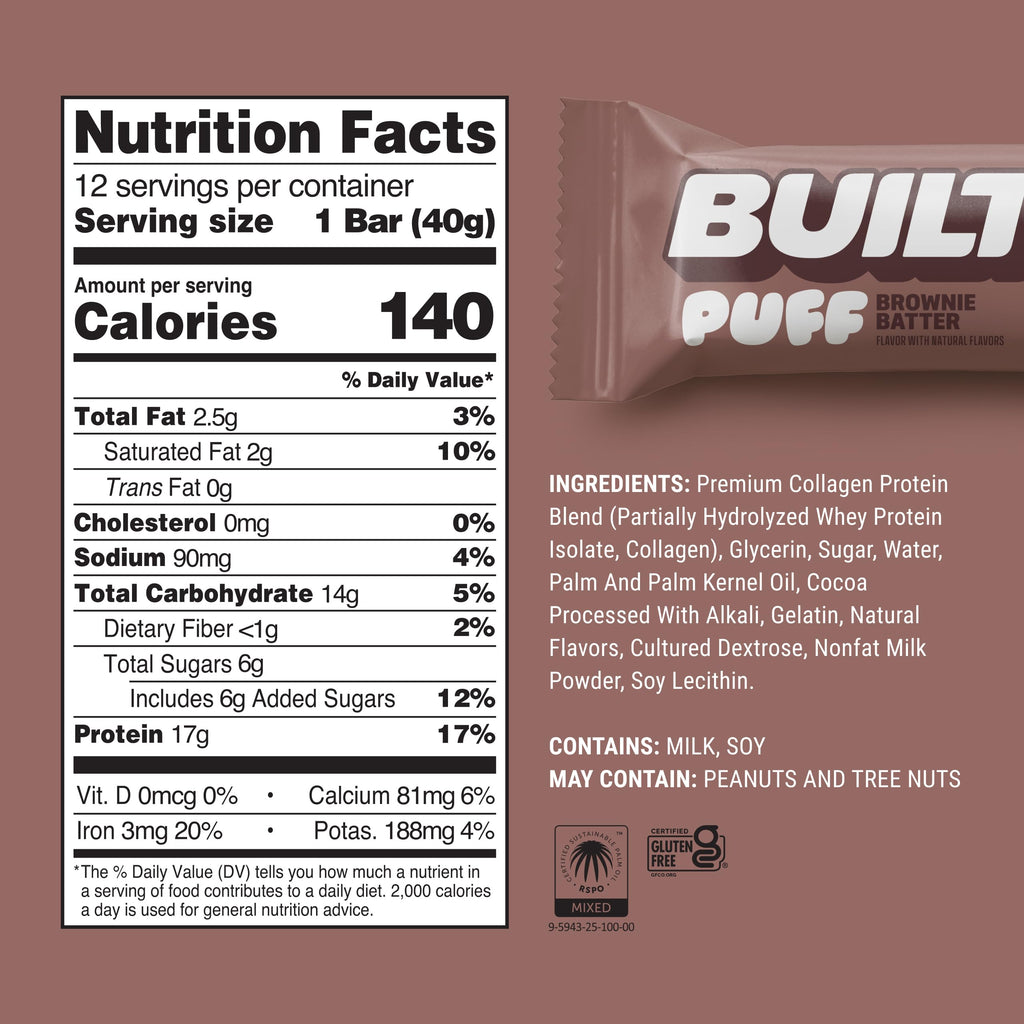 BUILT Bar Puff Protein Bars - Brownie Batter - 17g Protein Snack Bars with Collagen - Calorie Conscious & Gluten Free - 12 Count