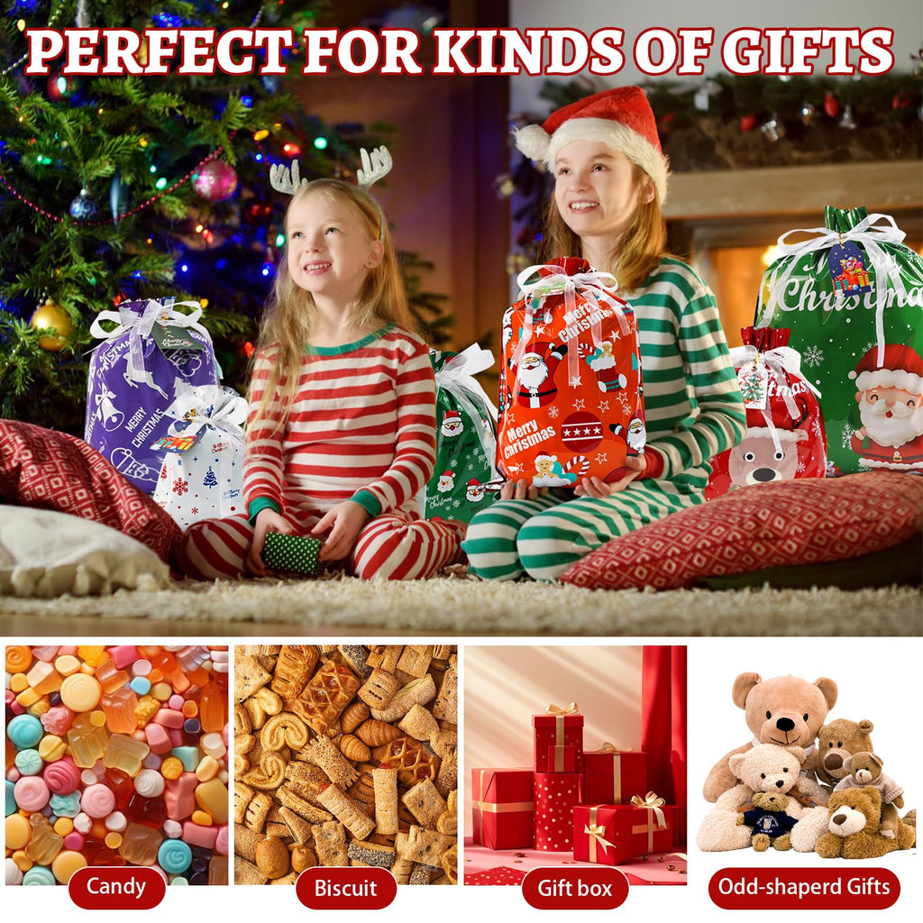 Koncci 32Pcs Drawstring Christmas Bags, Assorted Sizes Large Medium Small