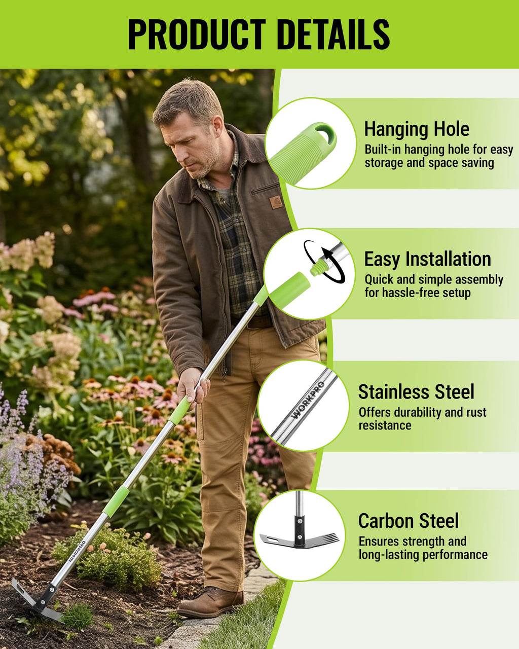WORKPRO Weed Puller Tool with Long Handle, 2-in-1 Garden Hoe & Weed Rake