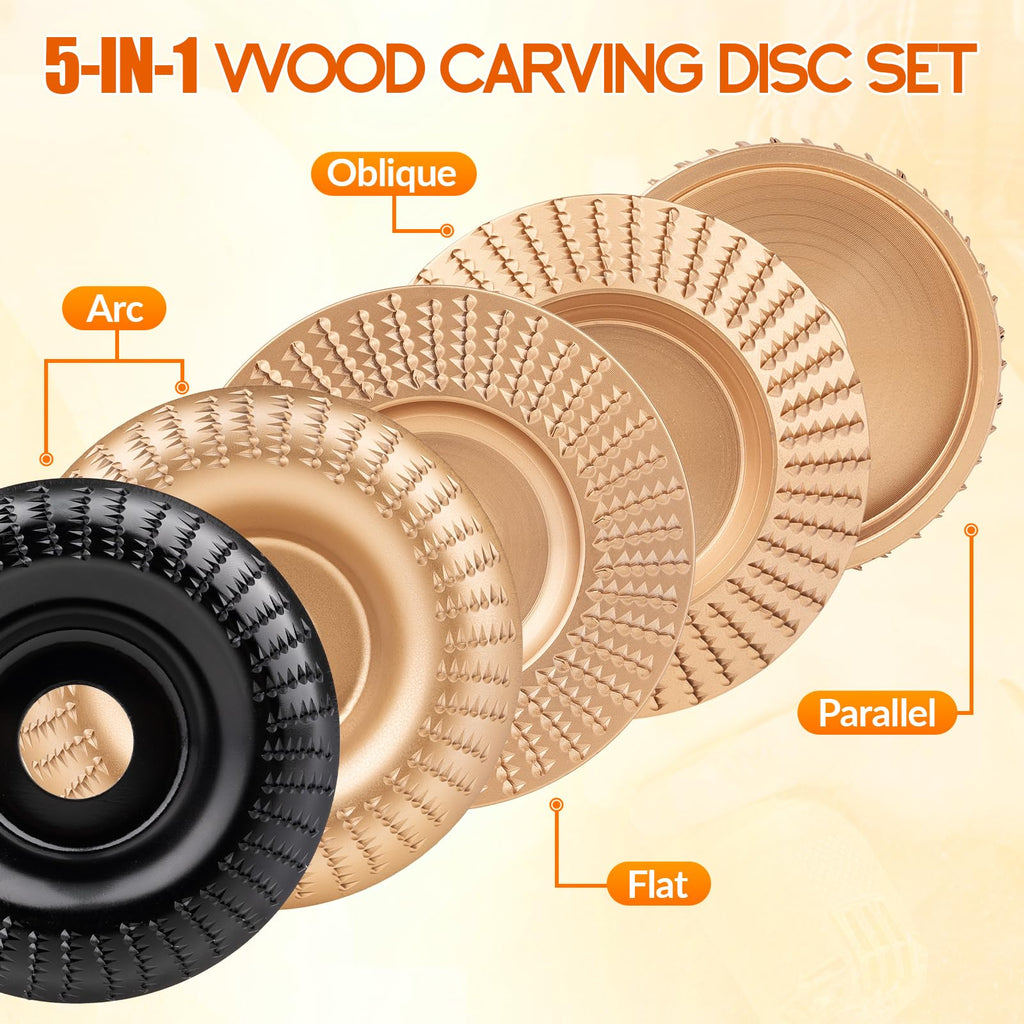 Beaiguna 5PCS Wood Carving Disc, 4IN and 4 1/2IN Angle Grinder Attachments Stump Grinder Wheel, Angle Grinder Wood Carving Shaping Disc Tools Set, Upgraded Wood Grinding Wheel Discs