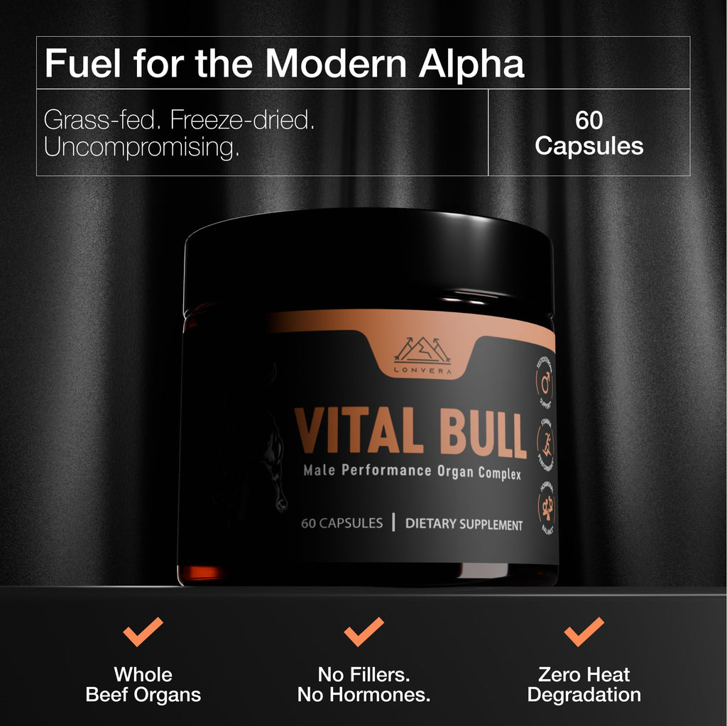 Vital Bull Beef Organ Supplement for Men with Grass Fed Liver, Testicle, Prostate & Bone Marrow – Freeze Dried Beef Organ Capsules for Nutrient Support – 60 Day Supply