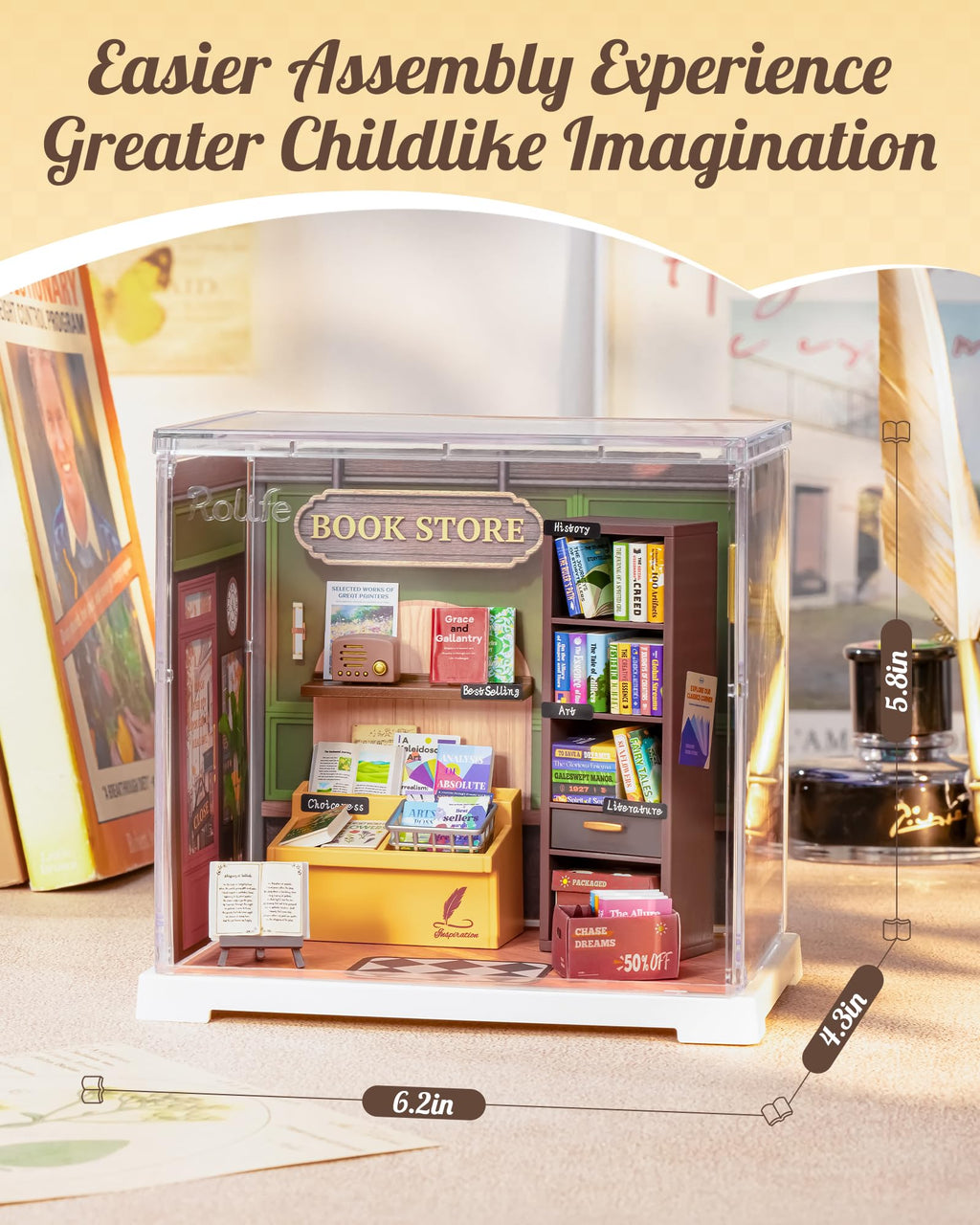 Rolife Mini Super Creator Series, DIY Miniature Memory Book Store Dollhouse House Kit, Bulid Scenary for Action Collectible Figures,Creative Gifts for Women Kid Adults