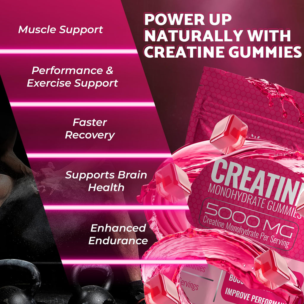 Creatine Gummies 5000mg, 30 Servings Creatine Monohydrate Gummies - Third-Party Tested Creatine for Women, Raspberry Flavor Creatine for Men, Muscle Growth, Strength, and Recovery - Pack of 1