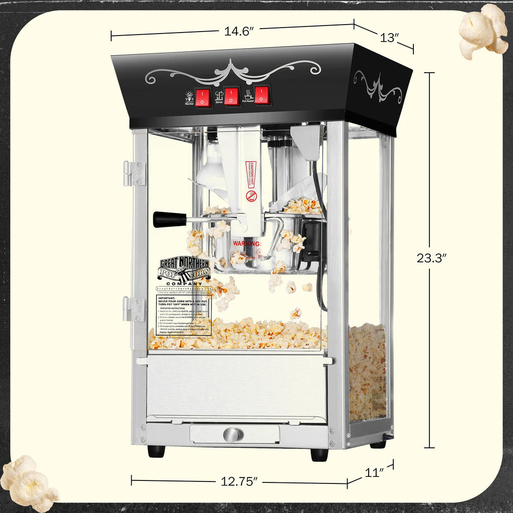 Matinee Popcorn Machine - 8oz Popper with Stainless-Steel Kettle, Reject Kernel Tray, Warming Light, and Accessories by Great Northern Popcorn (Black)