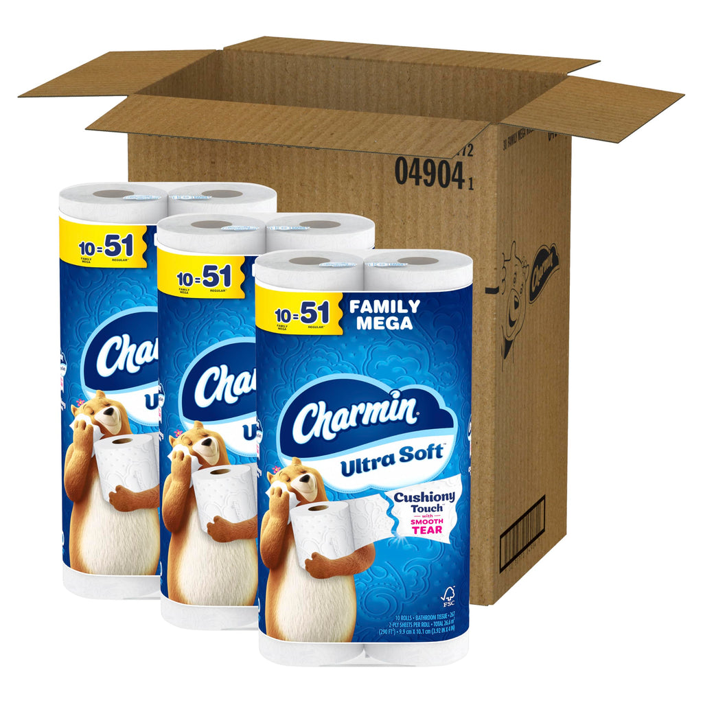 Charmin Ultra Soft Cushiony Touch Toilet Paper, 30 Family Mega = 153 Regular Rolls, 2-Ply, White