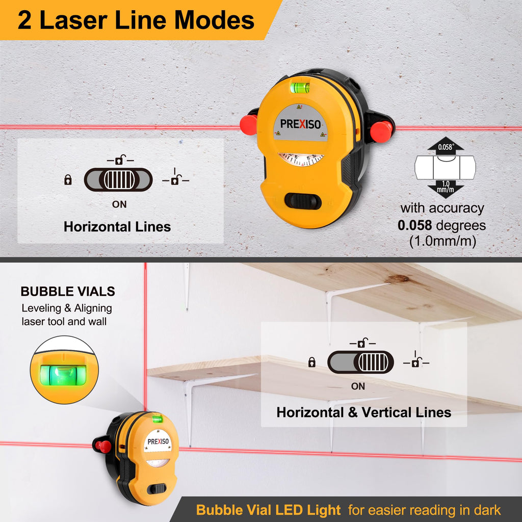 PREXISO Multi Surface Laser Level LED Light Vial, 30Ft Horizontal & Vertical Line Laser with Wall Mount Base, 2 Pins, 10 Sticker, 2 AA Batteries for Hanging Frames & Picture, Construction Gift for Dad