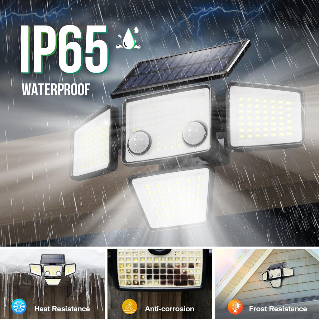 LYWALT Solar Lights Outdoor - 3000LM 188 LED Motion Sensor Outdoor Lights, 4 Heads IP65 Waterproof Powered Security Flood Lights, 270°Wide Lighting Angle Wall Light with Sensors for Backyard (4 Pack)
