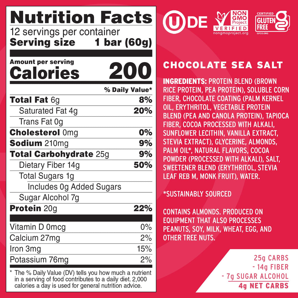 No Cow High Protein Bars, Chocolate Sea Salt - Healthy Snacks, 20g Vegan Protein, High Fiber, Low Sugar, Keto Friendly, Dairy & Gluten Free (12 Count)