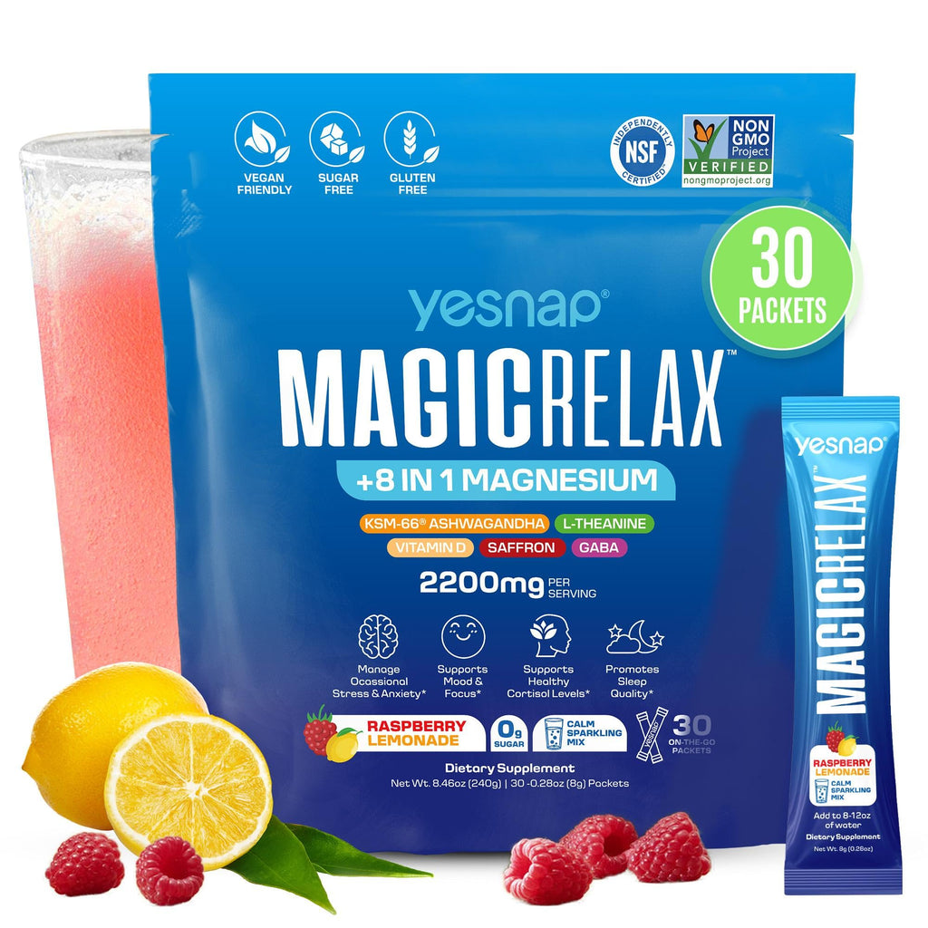 Yesnap MAGICRELAX Calming Sparking Mix 8-in-1 Magnesium KSM-66 Ashwagandha Saffron Vitamin D3 GABA L-Theanine Supports Healthy Cortisol Levels,Mood and Sleep No Sugar Non GMO Raspberry Lemonade Flavor