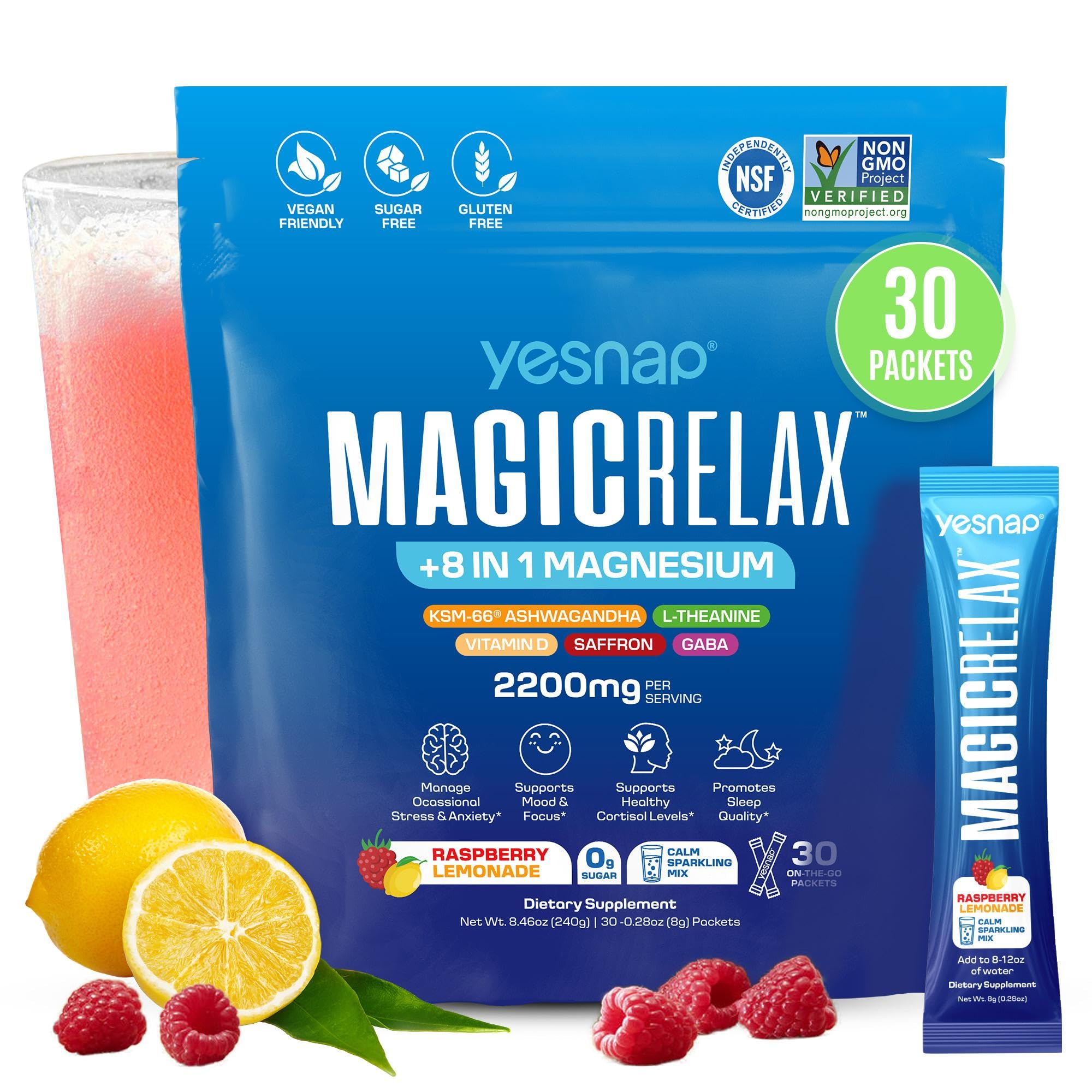 Yesnap MAGICRELAX Calming Sparking Mix 8-in-1 Magnesium KSM-66 Ashwagandha Saffron Vitamin D3 GABA L-Theanine Supports Healthy Cortisol Levels,Mood and Sleep No Sugar Non GMO Raspberry Lemonade Flavor