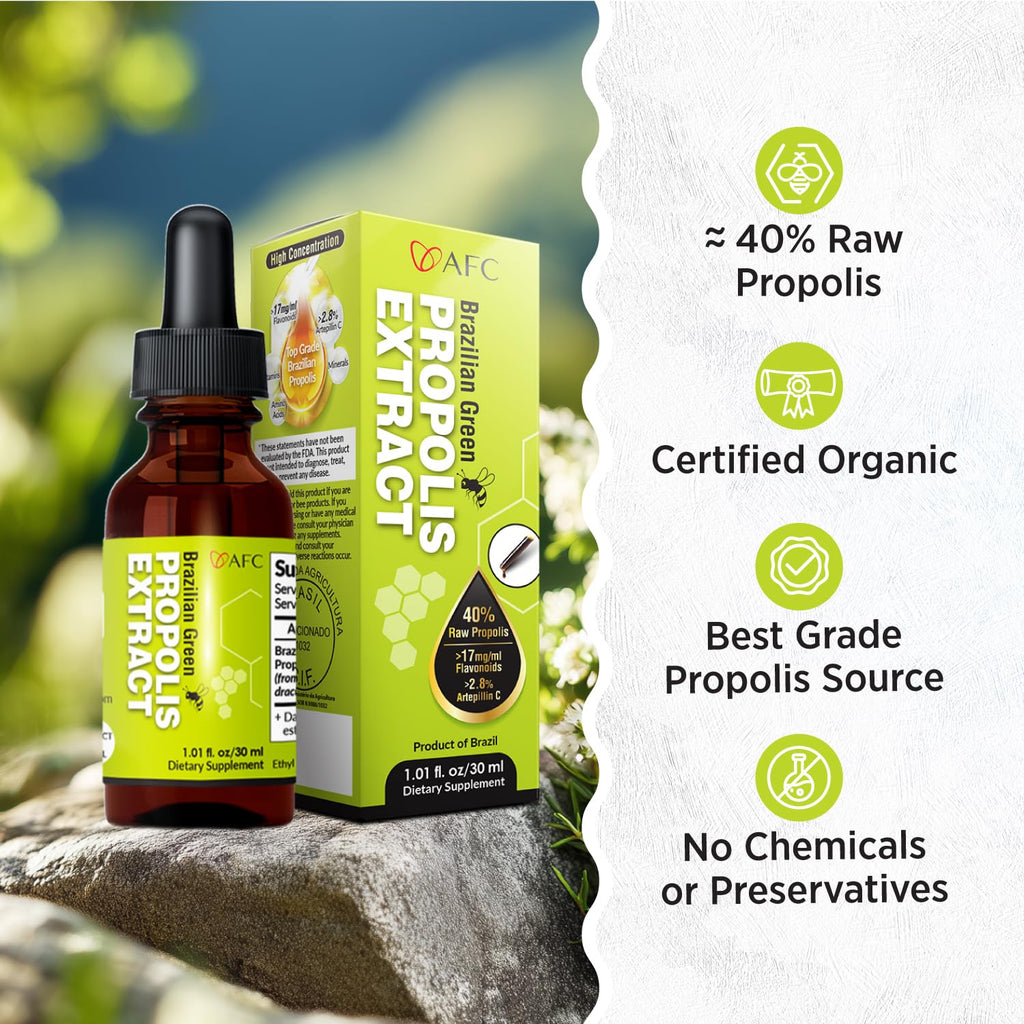 AFC Japan Brazilian Green Propolis Extract | Highest Artepilin C & Flavonoids for Antioxidant & Immune Support Pure Concentrated Liquid Extract Bee Propolis Tincture from Brazil (30ml/ 1Fl.Oz)