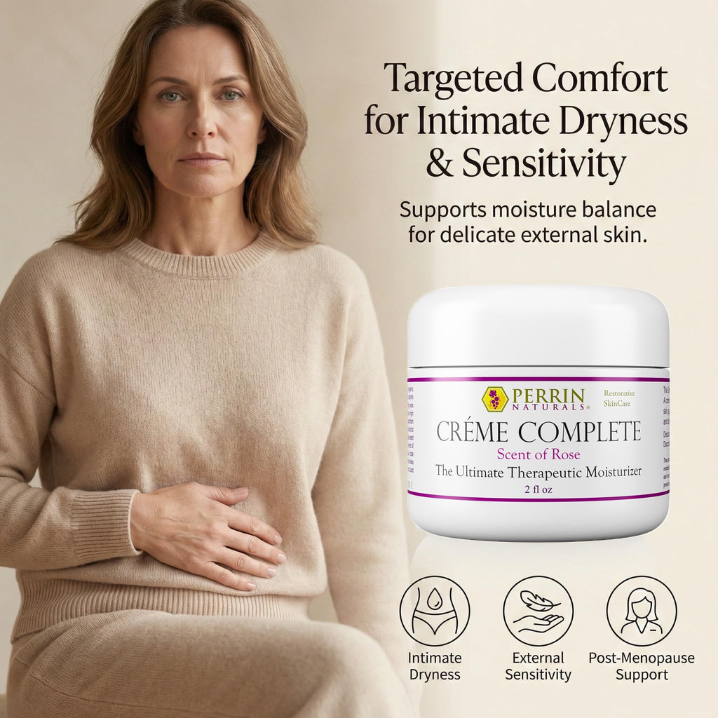Perrin Naturals Crème Complete, Lichen Sclerosus treatment Cream for Dry Sensitive Skin, Restorative Anti Aging Face & Body Moisturizer with Barrier Support for Women, Scent of Rose, 2 oz
