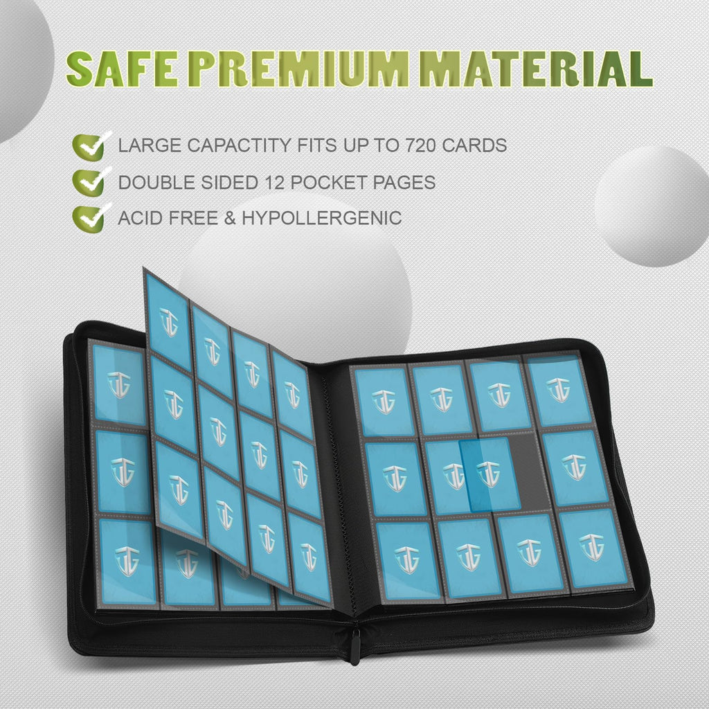 TCGUARD 12 Pockets Trading Card Zipper Binder for 720 Cards| Secure Side Loading Pockets | Trading Card Album Folder | Compatible with YuGiOh, MTG(Black 12)